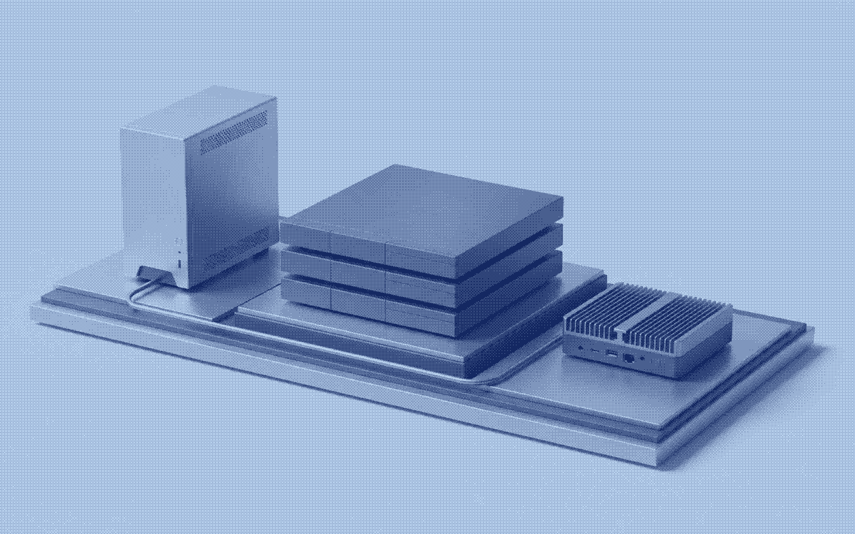 Conceptual infrastructure stack alongside a server and compact edge device.