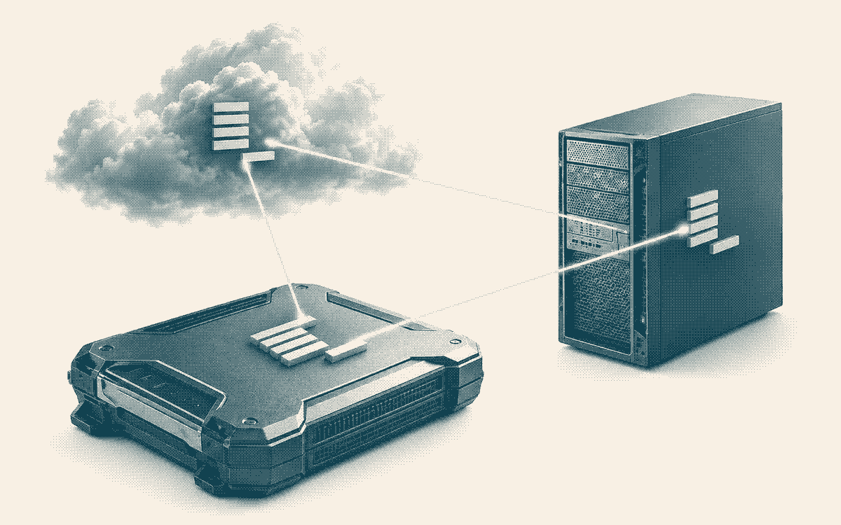 The same five-layer Langstack L application module deployed across cloud, a dedicated server and an edge computer.