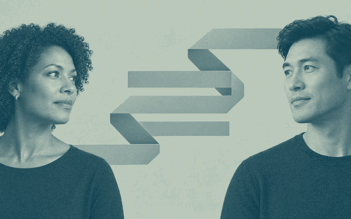 Two invented professionals placed apart, linked across the composition by continuous folded relationship bands.