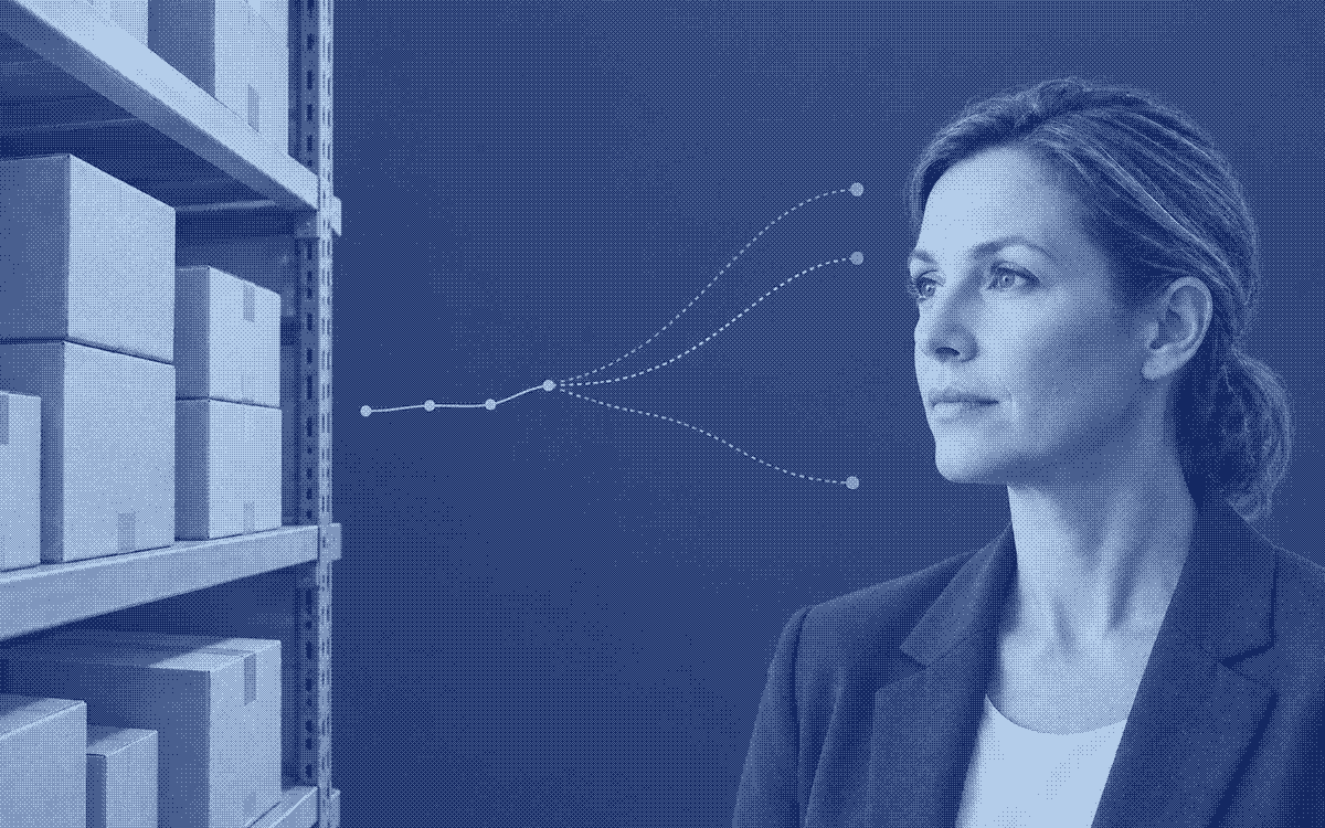 An invented planner and warehouse beside alternative demand trajectories.