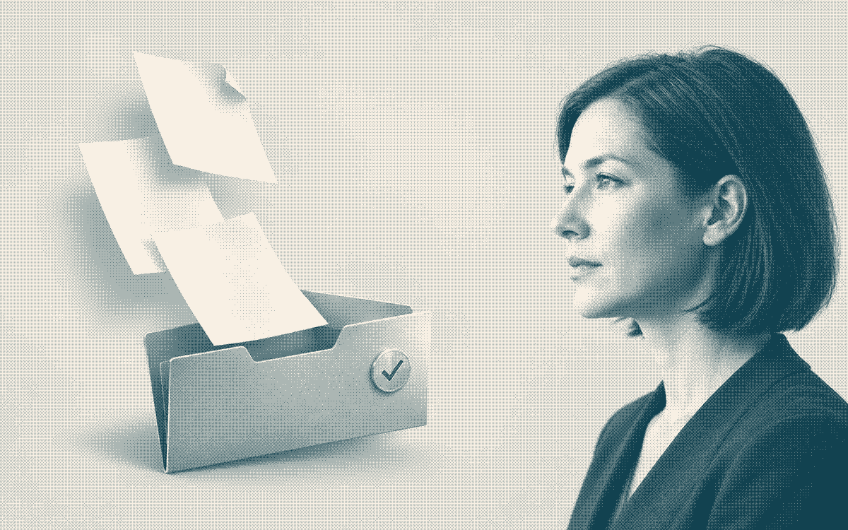 An invented reviewer beside incoming documents gathered into a case for review.