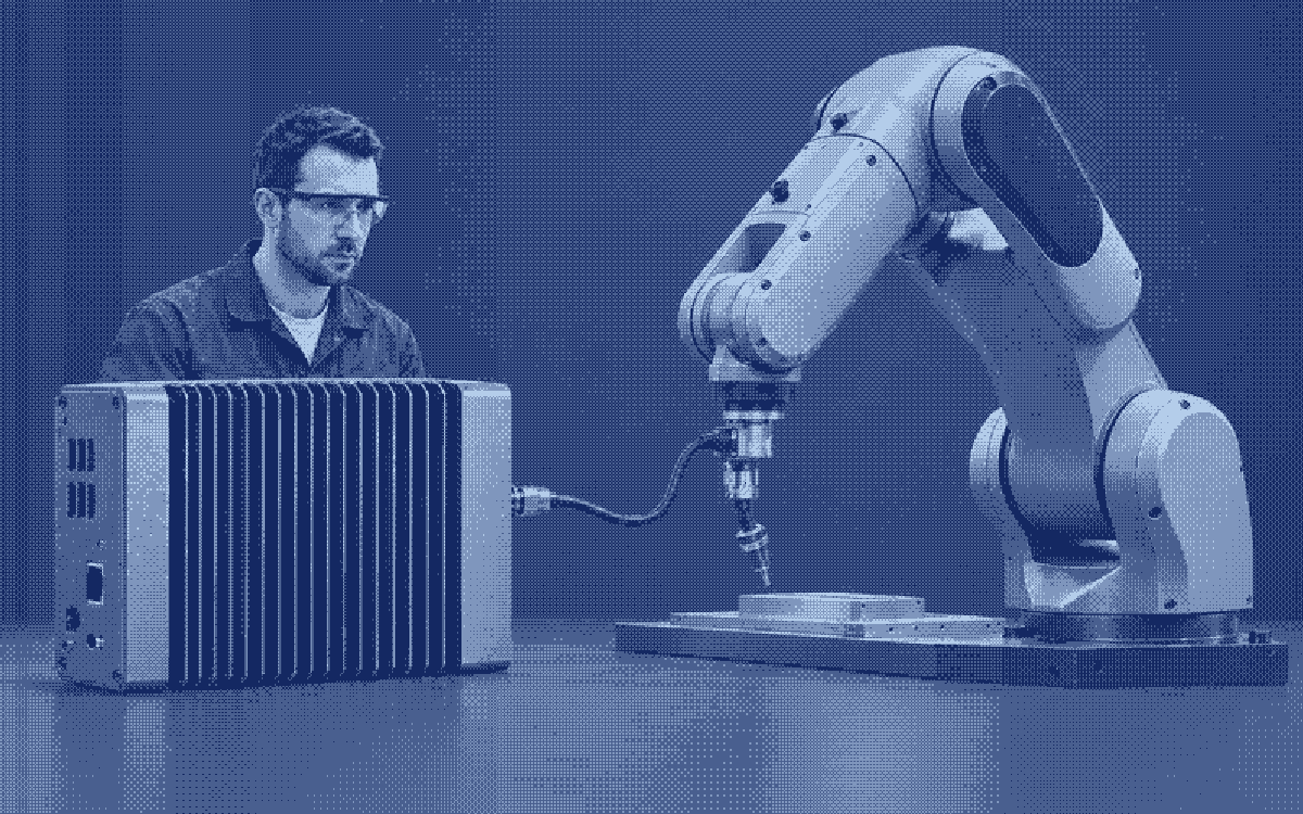 An invented technician, an edge computer and an industrial robot connected locally.